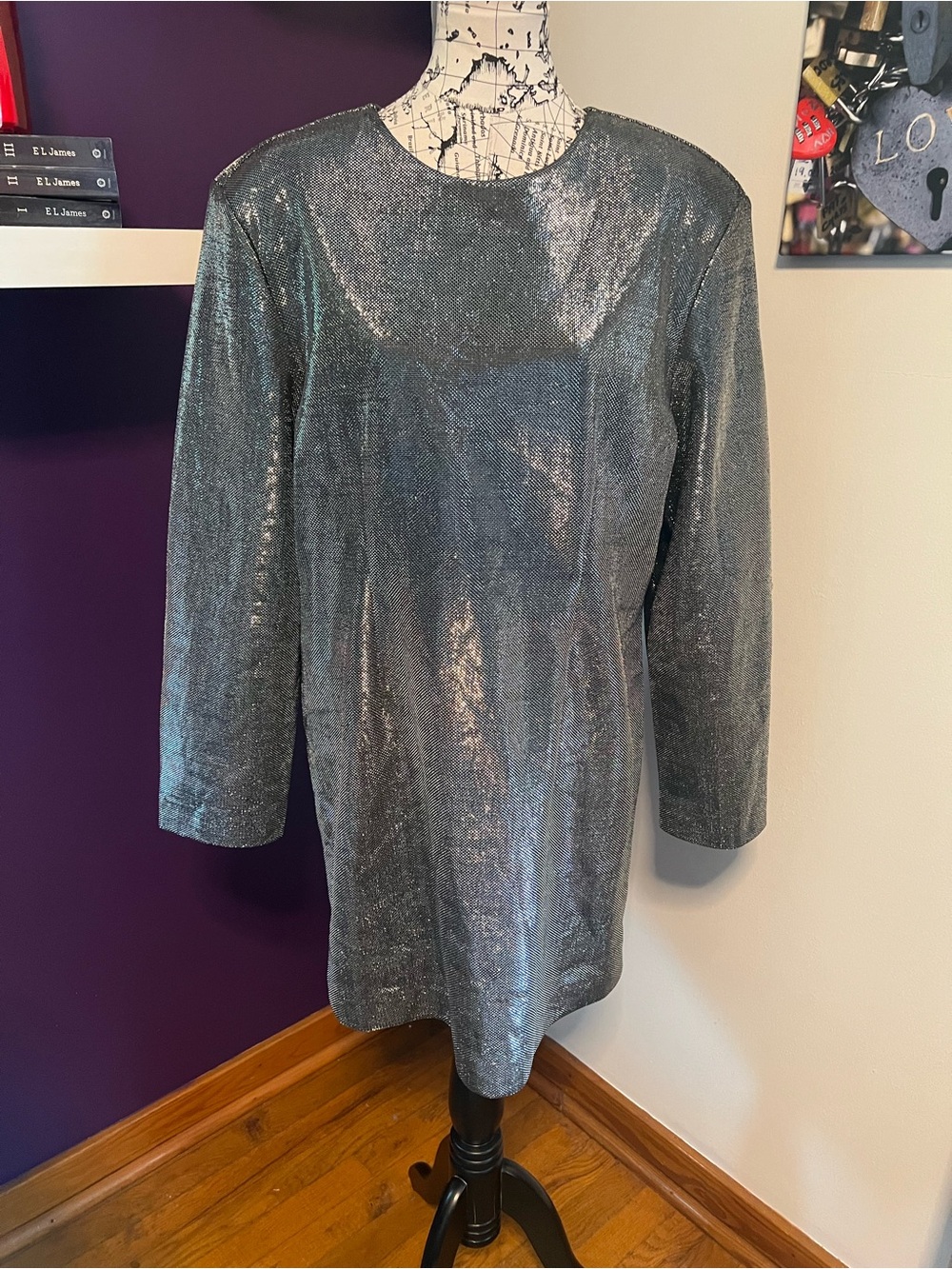 H&M Silver Textured Metallic Long Sleeve Dress NWT